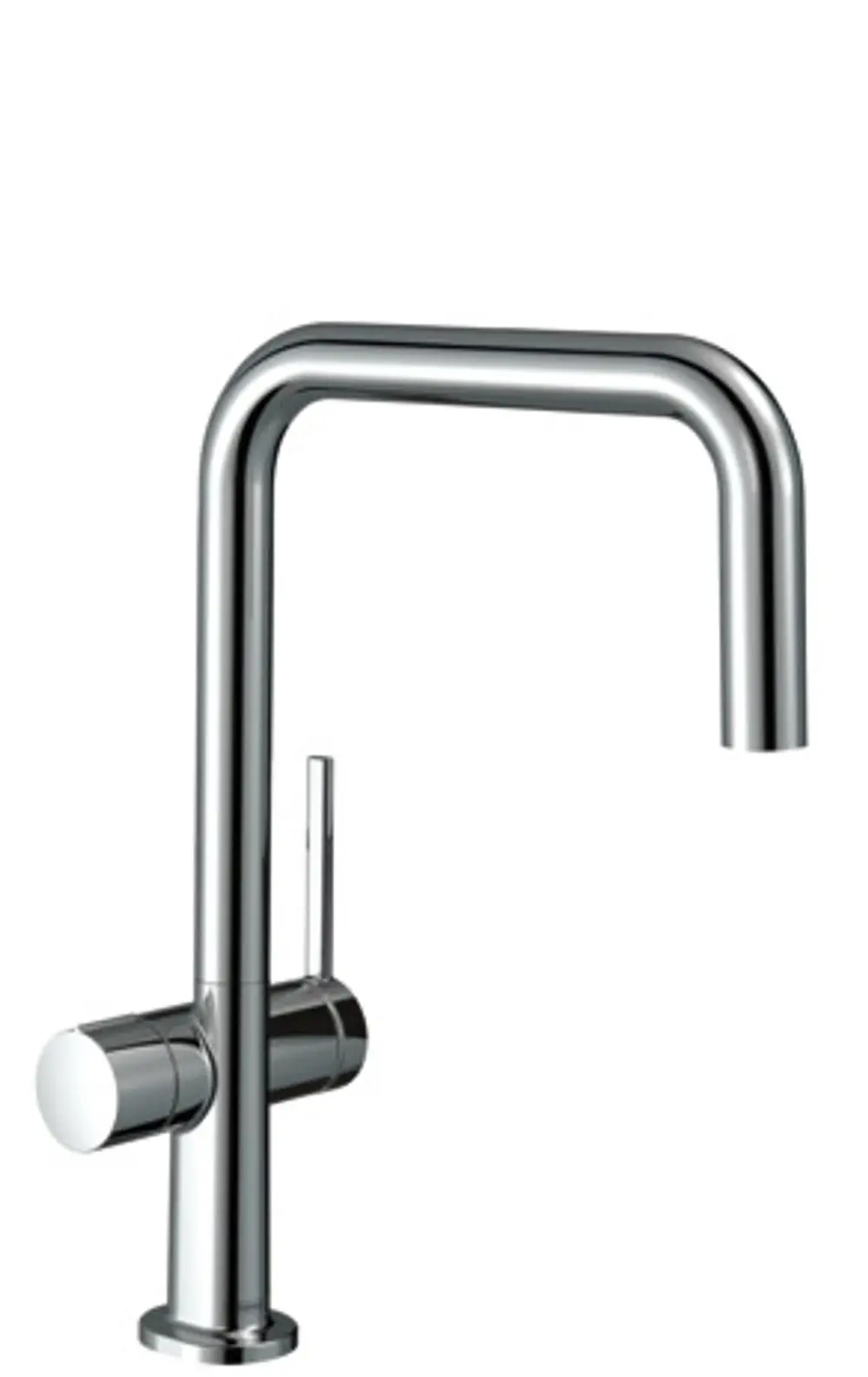 Hansgrohe Spültischmischer in chromfarbener Ausführung mit einem schwenkbaren Auslauf und seitlichem Hebel zur Temperatur- und Mengeneinstellung.